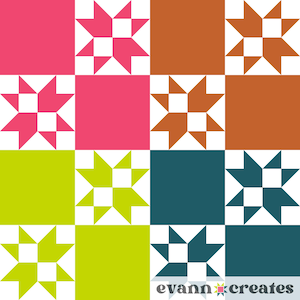Peut inclure: Motif de patchwork coloré avec un motif répétitif de carrés et d'étoiles. Les carrés sont dans des tons de rose, d'orange, de vert et de sarcelle, avec des motifs d'étoiles blanches. Le texte "evann creates" est en bas à droite.