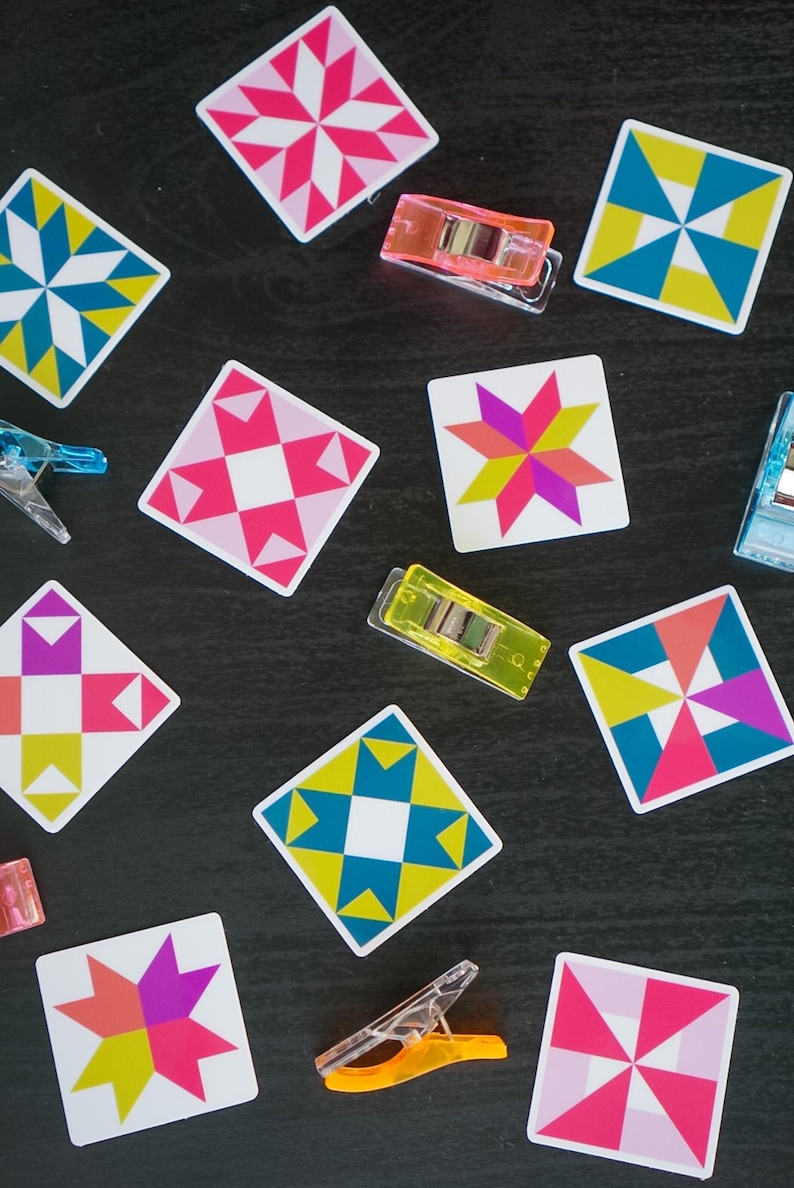 ini quilt block sticker set of 10 featuring bold geometric star and block designs in either bold and bright or soft and neon colorways. Each 1"x1" sticker is individually cut and packed. Waterproof vinyl, gloss laminated. Sticks to water bottles, laptops, planners, and sewing machines. The collector's set for the modern quilter — perfect for quilt retreat goodie bags and guild gifts.