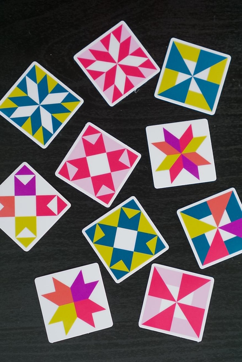 ini quilt block sticker set of 10 featuring bold geometric star and block designs in either bold and bright or soft and neon colorways. Each 1"x1" sticker is individually cut and packed. Waterproof vinyl, gloss laminated. Sticks to water bottles, laptops, planners, and sewing machines. The collector's set for the modern quilter — perfect for quilt retreat goodie bags and guild gifts.