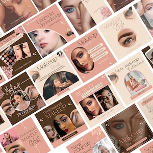 May include: A collection of square social media posts with a makeup theme. The posts feature images of women with makeup, makeup products, and text such as "Makeup Tutorials" and "New Makeup Collection". The color scheme is primarily pink and brown.