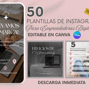 May include: A digital marketing graphic with the text "50 Instagram Templates for Digital Entrepreneurs Editable in Canva." The image includes a phone-shaped frame with a laptop, and other graphics promoting branding and mental blocks.
