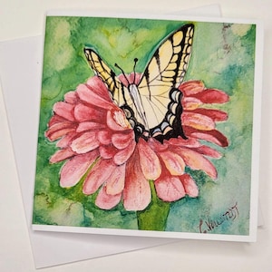 Tarjetas con diseño de zinnia roja y mariposa cola de tigre: juego de 8 tarjetas y sobre