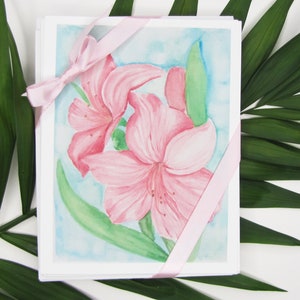 Set di biglietti da visita con acquerello Pink Lily - 8 biglietti e buste - Regalo di cancelleria floreale