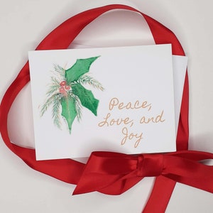 Conjunto de cartões de visita - Paz, amor e alegria Papelaria em branco para o feriado - 8 cartões de visita com envelopes - impressão de arte em aquarela