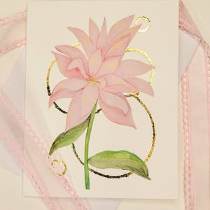 Lírio rosa dourado com círculos dourados folheados - Conjunto de papelaria com envelopes - Impressão de arte em aquarela