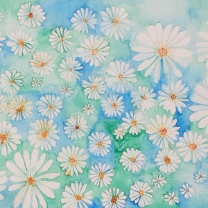 Original Watercolor Painting Falling Daisies -Wall Art -Calming Cottagecore