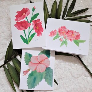Conjunto de cartões de nota aquarela Trio de flores rosa - 9 cartões de nota internos em branco e envelopes