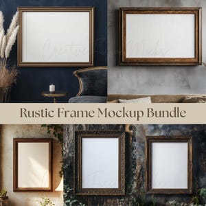 May include: A mockup bundle of four rustic frames with a white background. The frames are in different styles and sizes, and they are all set against a variety of backgrounds. The frames are perfect for showcasing your artwork, photos, or other creative projects.