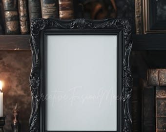 Mockup di Dark Academia, Mockup di Bookish Art, Mockup di Moody Frame, Oggetto avanzato PSD, Compatibile con Canva, Mockup di Gothic Black Frame