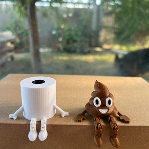 Puede incluir: Un rollo de papel higi&eacute;nico blanco y un emoji de caca marr&oacute;n, ambos con brazos y piernas, est&aacute;n uno al lado del otro. El rollo de papel higi&eacute;nico tiene un centro negro y el emoji de caca tiene una cara sonriente. Las figuras est&aacute;n sobre una superficie marr&oacute;n.
