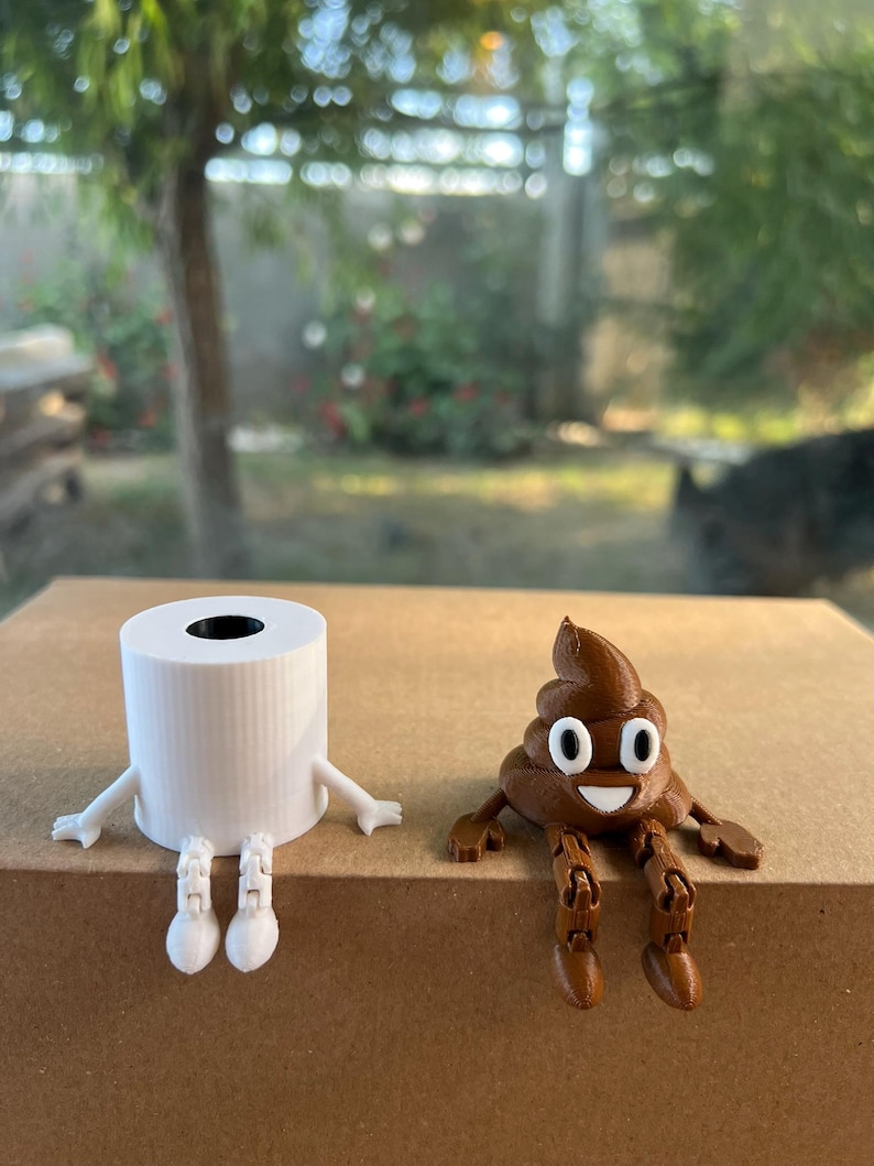 Puede incluir: Un rollo de papel higi&eacute;nico blanco y un emoji de caca marr&oacute;n, ambos con brazos y piernas, est&aacute;n uno al lado del otro. El rollo de papel higi&eacute;nico tiene un centro negro y el emoji de caca tiene una cara sonriente. Las figuras est&aacute;n sobre una superficie marr&oacute;n.