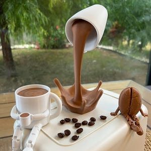 3-delige buddyset voor koffietafel - gemorste koffieplons - gelede koffiekop en beeldje koffieboon - kantoordecor, cadeau voor koffieliefhebbers