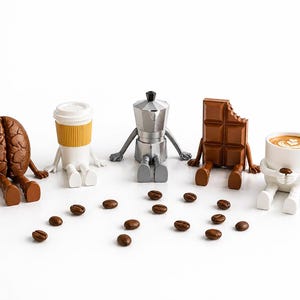 Può includere: Una collezione stravagante di figurine a tema caffè, tra cui un chicco di caffè, una tazza da asporto, una caffettiera, una barretta di cioccolato con un morso e una tazza di caffè con latte art. Chicchi di caffè sparsi.