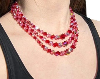 Vintage Triple Layered Aurora Borealis Red and Pink Faceted Beaded Necklace