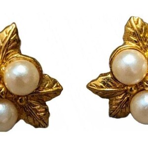 Vintage Faux Pearl and Leaves Gold Tone Metal Earrings