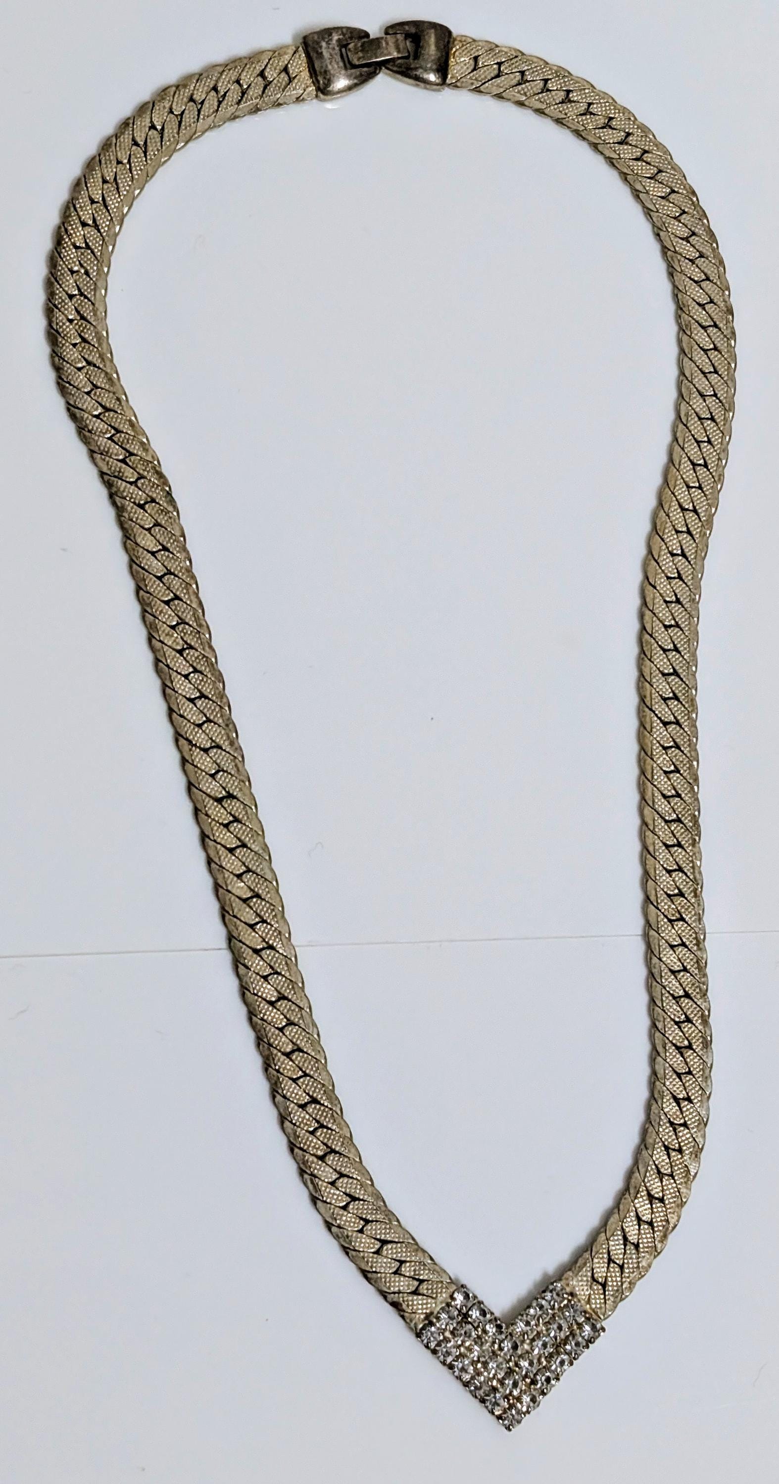 Vintage Korea Silvery Gold Tone Wide Herringbone Metal V-line