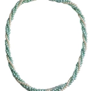 Vintage Faux Pearl Tri-Strand Twisted Pale Blue and White Necklace