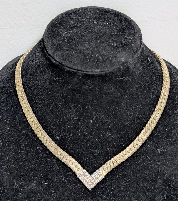 Vintage Korea Silvery Gold Tone Wide Herringbone Metal V-line