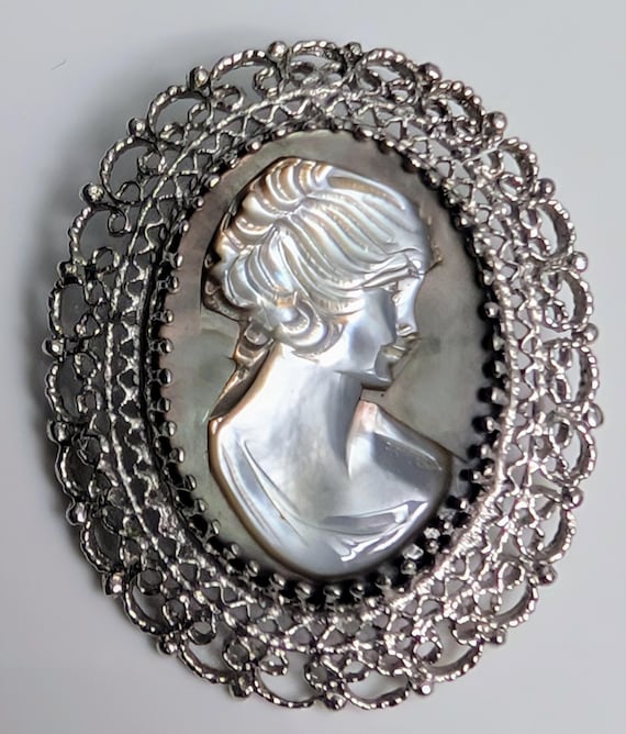 Vintage Sterling Silver and Mother of Pearl Shell Carved K.L.