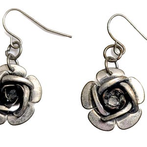 Vintage Silver Tone Metal Rose / Flower Earrings