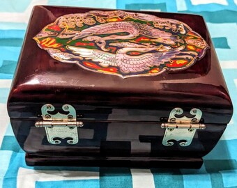Vintage Rosewood Small Mother of Pearl Inlay Cloissoné Bird and