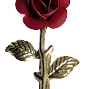 May include: A red rose brooch with a gold-coloured stem and leaves. The rose is a deep, rich red, and the leaves have a detailed, textured appearance. A classic floral accessory.