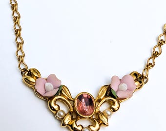 Vintage Avon Pink Porcelain Flower Gold Tone Metal Pendant Necklace with Pink Transparent Cabochon and Faux Pearl Motifs