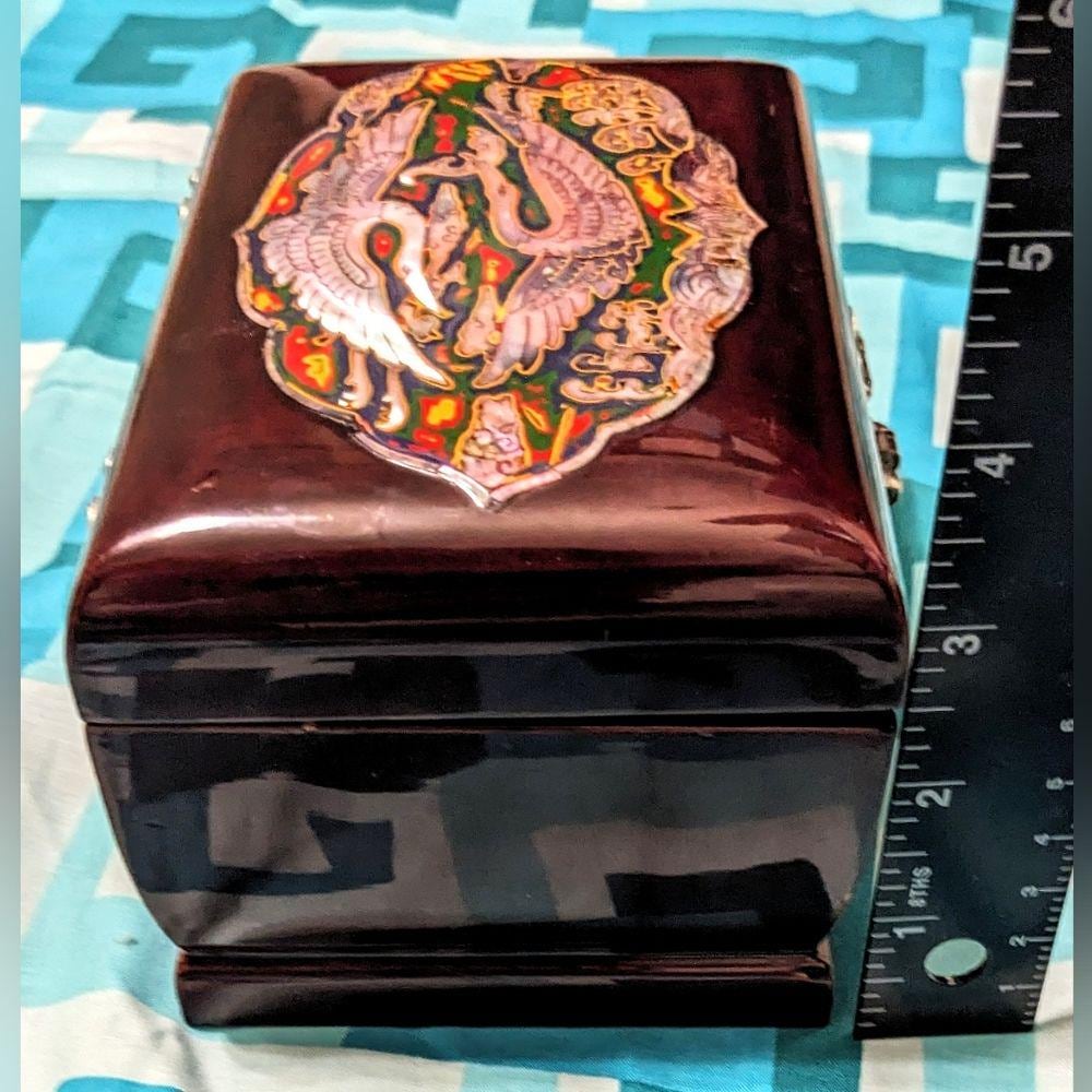 Vintage Rosewood Small Mother of Pearl Inlay Cloissoné Bird and