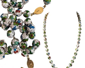 Vintage Cloissoné Blue and Green Floral Porcelain & Enamel Silver Clasp Necklace