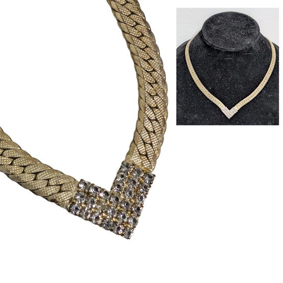 Vintage Korea Silvery Gold Tone Wide Herringbone Metal V-line