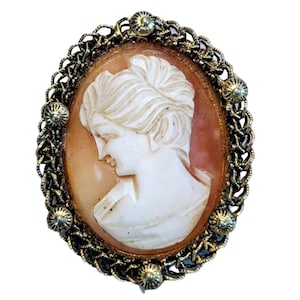 Vintage Carved Shell White and Peach Tone Victorian Style Cameo Brooch / Pin