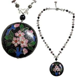 Vintage Cloisonne Floral Pendant Necklace with Pink Flowers