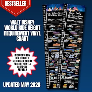 May include: A vinyl chart detailing height requirements for Walt Disney World rides. The chart includes a height scale, ride names, and updated information for May 2026. Features a red and white starburst graphic with text.