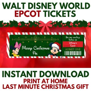 Puede incluir: Un diseño de boleto de Epcot de Walt Disney World con temática navideña. El boleto presenta a Minnie y Mickey Mouse, texto festivo y una combinación de colores rojo y verde. El boleto dice "Merry Christmas Pal" y "Admit One".