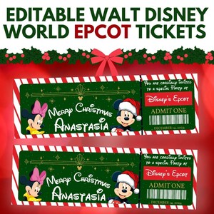 Puede incluir: Dos entradas verdes y rojas con temática navideña para Disney's Epcot. Cada entrada presenta a Minnie Mouse y Mickey Mouse con gorros de Papá Noel, con el texto "Merry Christmas Anastasia". Las entradas son para una fiesta especial en Disney's Epcot.