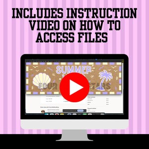 May include: A computer monitor displays a webpage with a "Summer Vibes" graphic, a seashell, and a palm tree. A red play button is overlaid on the screen. The text at the top reads "INCLUDES INSTRUCTION VIDEO ON HOW TO ACCESS FILES".