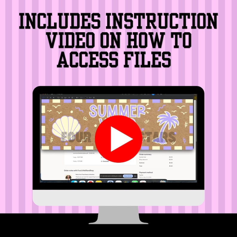 May include: A computer monitor displays a webpage with a "Summer Vibes" graphic, a seashell, and a palm tree. A red play button is overlaid on the screen. The text at the top reads "INCLUDES INSTRUCTION VIDEO ON HOW TO ACCESS FILES".