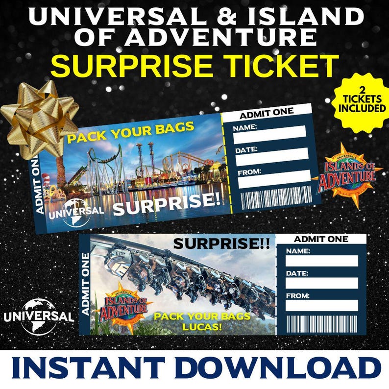 Universal tickets, Islands of Adventure tickets, Universal Studios trip, Theme park reveal, Editable Universal tickets, Custom theme park tickets, Universal party invite, Islands of Adventure trip reveal, Universal park tickets