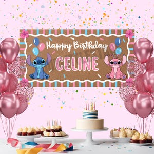May include: A birthday party scene with a banner that reads "Happy Birthday CELINE" with cartoon characters. Pink and rose gold balloons surround the banner and a cake with candles. Cupcakes are on display on white platters.