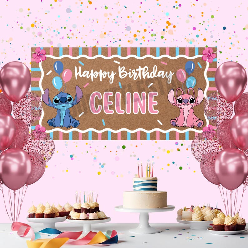 May include: A birthday party scene with a banner that reads "Happy Birthday CELINE" with cartoon characters. Pink and rose gold balloons surround the banner and a cake with candles. Cupcakes are on display on white platters.