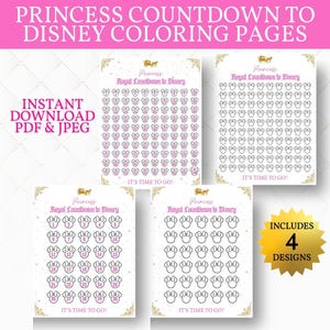 Könnte beinhalten: Vier druckbare Malvorlagen mit einer Prinzessinnenkutsche und Mickey-Maus-Ohren. Jede Seite hat einen Countdown nach Disney mit den Zahlen 1 bis 30. Der Text "Princess Royal Countdown to Disney" und "It's Time to Go!" ist auf jeder Seite enthalten. Der Text "Enthält 4 Designs" ist ebenfalls enthalten.