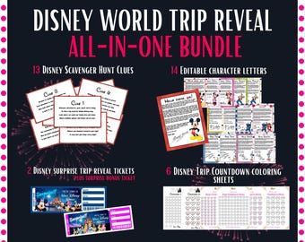 Theme Park Trip Reveal Printable Bundle, Mickey & Friends Scavenger Hunt, Surprise Tickets, Custom Letters PDF, customize digital download