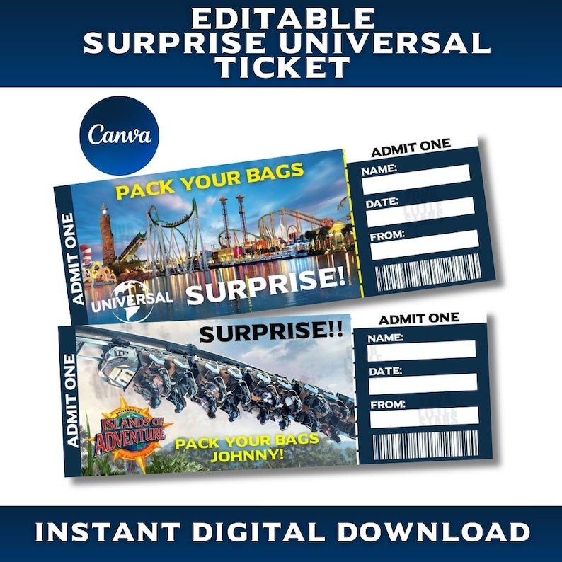 Sjabloon verrassingskaartje attractiepark: bewerkbare canva-sjabloon (digitale download) afbeelding 1