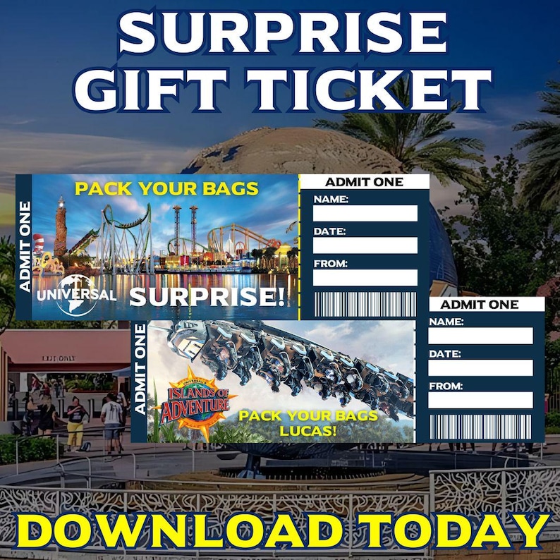 Universal tickets, Islands of Adventure tickets, Universal Studios trip, Theme park reveal, Editable Universal tickets, Custom theme park tickets, Universal party invite, Islands of Adventure trip reveal, Universal park tickets