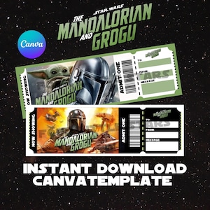 Peut inclure: Deux modèles de billets sur le thème de Star Wars : The Mandalorian et Grogu. Un billet présente Grogu et le Mandalorien, l'autre le Mandalorien. Les billets ont de l'espace pour écrire "À", "De" et un "Message". Les mots "Téléchargement instantané Canva Template" sont en bas.