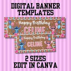 May include: Digital banner templates with a brown background, featuring the text "Happy Birthday CELINE" and cartoon characters. The banner includes pink and blue accents, balloons, and flowers. The text "2 SIZES EDIT IN CANVA" is also displayed.