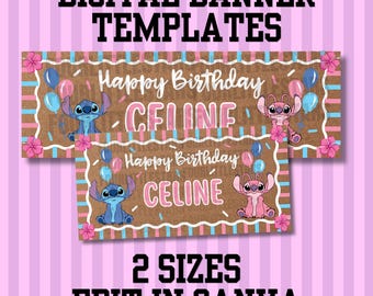 Plantilla de pancarta de cumpleaños de Stitch en Canva, plantilla editable de pancarta de cumpleaños de Disney de cualquier tamaño, pancarta de fiesta imprimible, descarga digital de 60x30