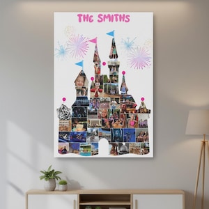 Könnte beinhalten: Ein weißer Leinwanddruck in Form eines Schlosses, gefüllt mit verschiedenen Fotos. Das Schloss hat blaue und rosa Fahnen und ist mit Feuerwerk verziert. Der Text "THE SMITHS" steht in Rosa oben.