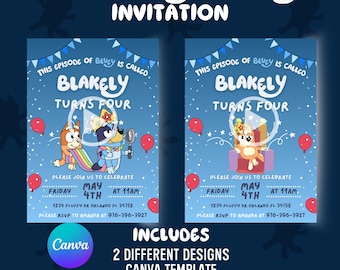 Bluey Birthday Invitation, Editable Canva Template, Video Invite (Digital Download)