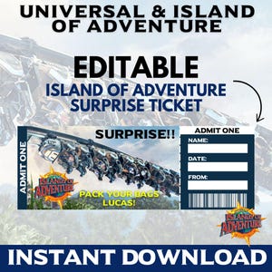 Universal tickets, Islands of Adventure tickets, Universal Studios trip, Theme park reveal, Editable Universal tickets, Custom theme park tickets, Universal party invite, Islands of Adventure trip reveal, Universal park tickets